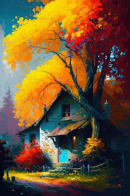 Uma pintura de uma casa com uma árvore em primeiro plano