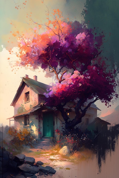 Uma pintura de uma casa com uma árvore na frente dela