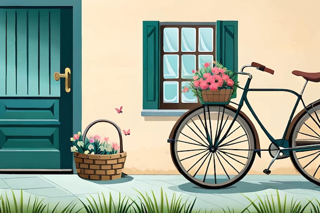 Uma pintura de uma casa com uma bicicleta e uma cesta de flores.