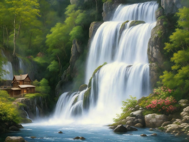 Uma pintura de uma casa com uma cachoeira ao fundo gerada ai