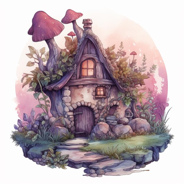 Uma pintura de uma casa com uma casa de cogumelo na parte inferior.