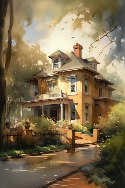 Uma pintura de uma casa com uma chaminé e uma chaminé