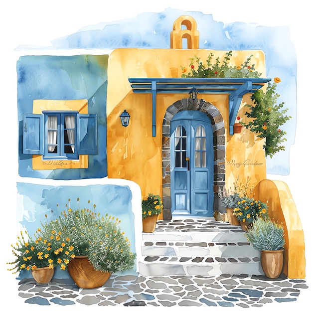 Foto uma pintura de uma casa com uma porta azul e uma planta em vaso