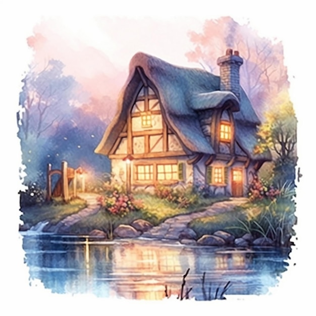 uma pintura de uma casa de campo com um telhado de palha e uma lagoa generativa ai