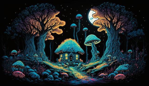 Uma pintura de uma casa de cogumelo na floresta.