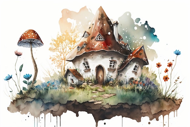 Uma pintura de uma casa de cogumelos com uma casa de cogumelos no topo.