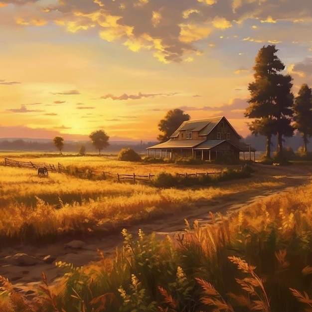Uma pintura de uma casa de fazenda em um campo com um pôr do sol ao fundo.