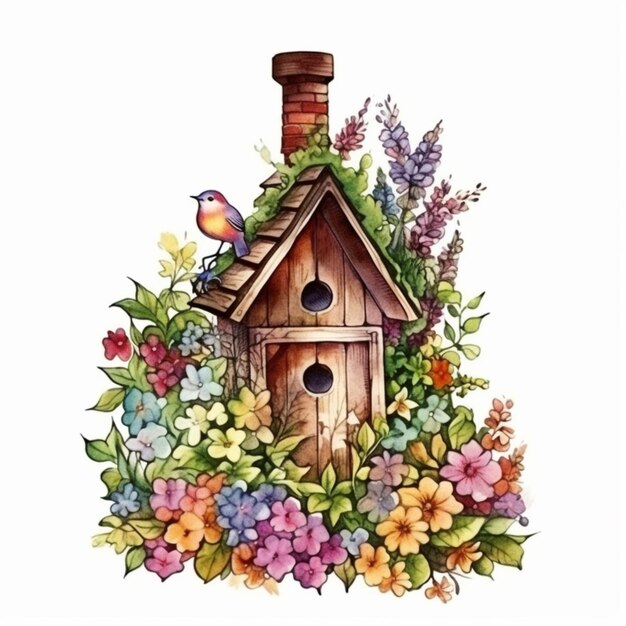 uma pintura de uma casa de pássaros com flores e um pássaro no topo generativo ai