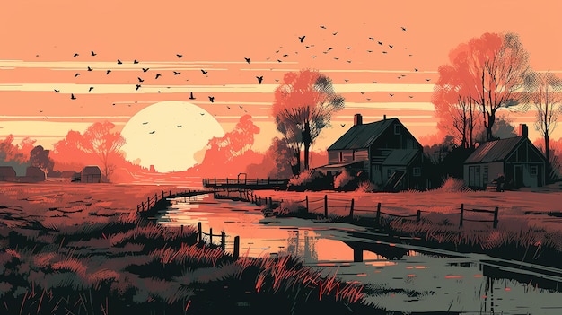 Uma pintura de uma casa e um lago com pássaros voando ao seu redor