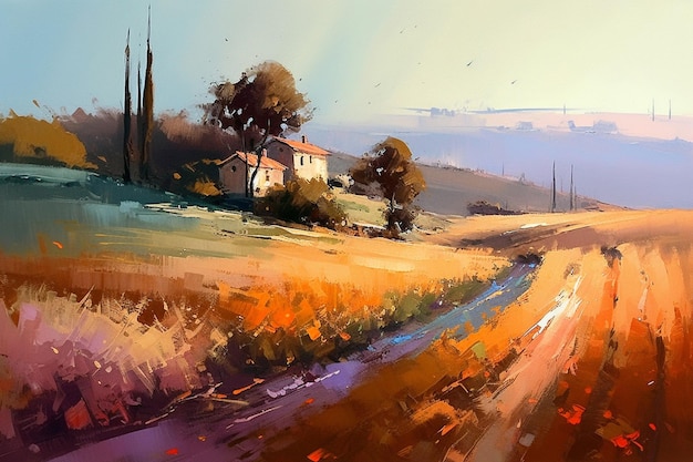 Uma pintura de uma casa em um campo com árvores ao fundo.