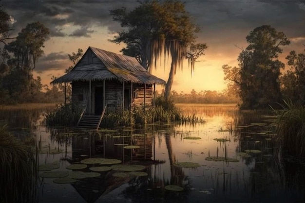 Uma pintura de uma casa em um lago com o sol se pondo atrás dela.