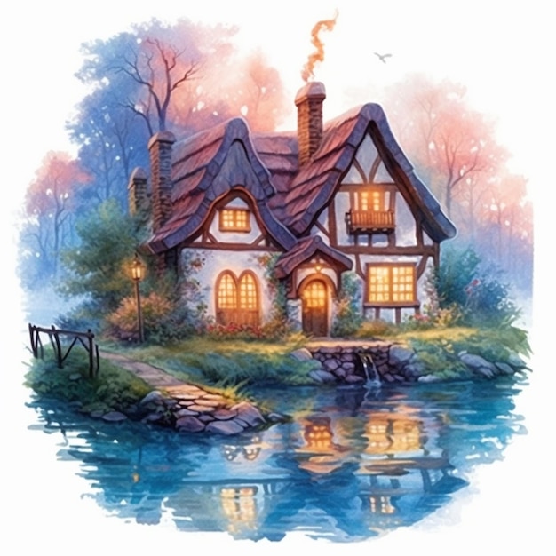 Uma pintura de uma casa em um lago com uma ponte generativa ai