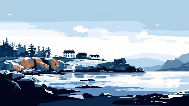 Uma pintura de uma casa em uma costa rochosa Generative AI image Noruega paisagem de inverno