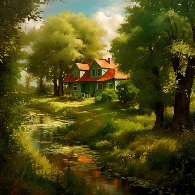 Uma pintura de uma casa em uma floresta com um lago em primeiro plano.