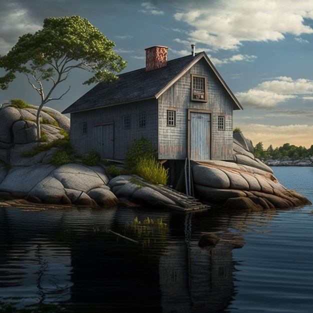 Uma pintura de uma casa em uma ilha rochosa com uma árvore no topo.