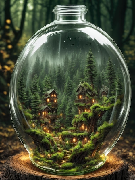 Uma pintura de uma casa em uma jarra de vidro com uma cena de floresta no fundo.