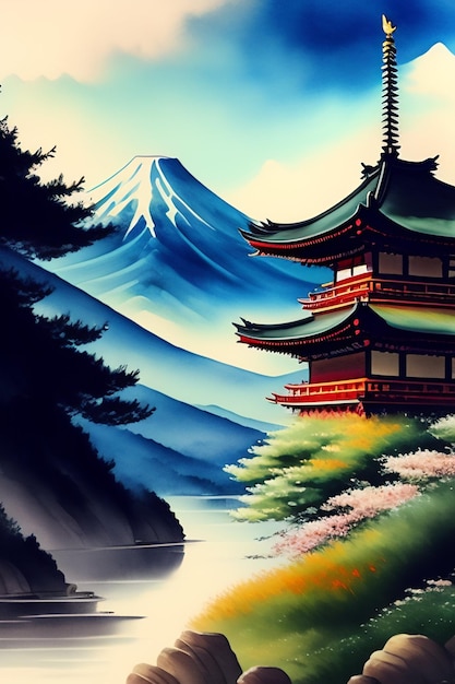 Uma pintura de uma casa japonesa nas montanhas