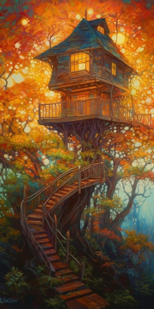 Uma pintura de uma casa na árvore com uma escada na floresta.