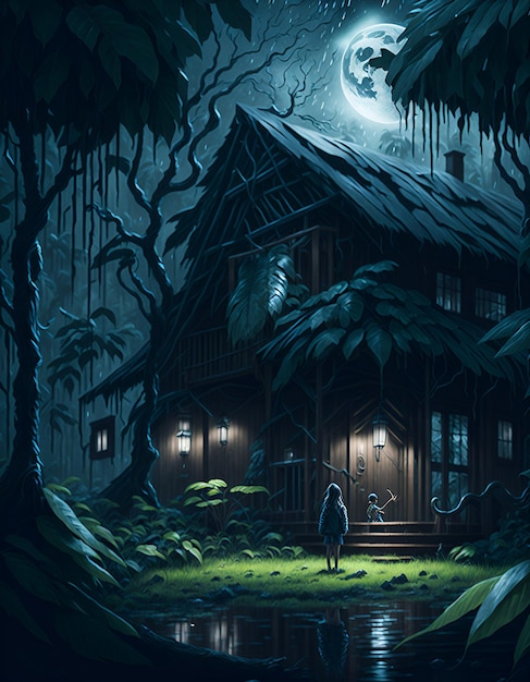 Uma pintura de uma casa na floresta com uma lua ao fundo.