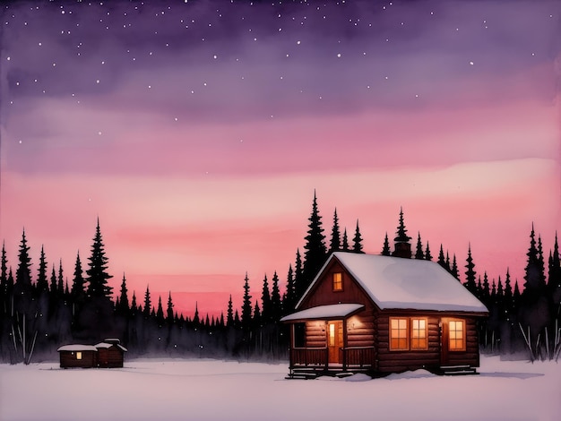 Uma pintura de uma casa na neve com as luzes acesas.