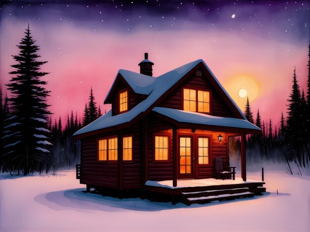 Uma pintura de uma casa na neve