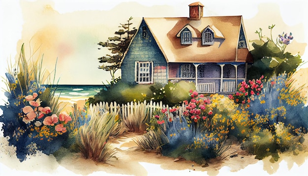 Uma pintura de uma casa na praia
