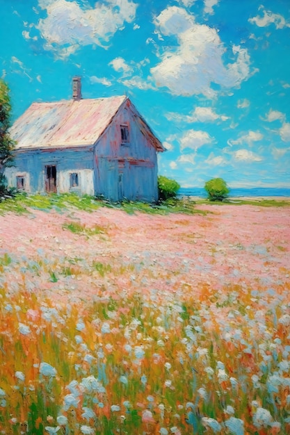 Uma pintura de uma casa num campo de flores.