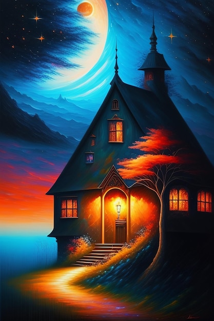 Uma pintura de uma casa pela lua