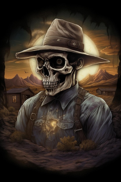 Uma pintura de uma caveira com um chapéu e um chapéu de cowboy.