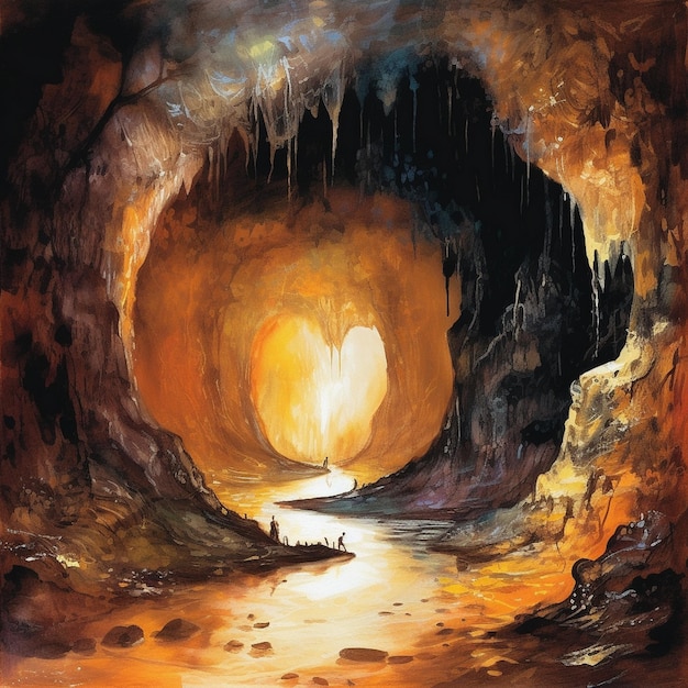 uma pintura de uma caverna com uma caverna em forma de coração no meio.