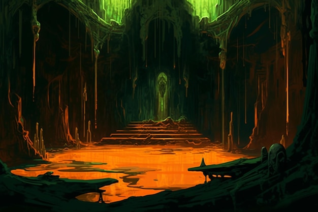 Uma pintura de uma caverna escura com uma porta que diz "o templo escuro" nela