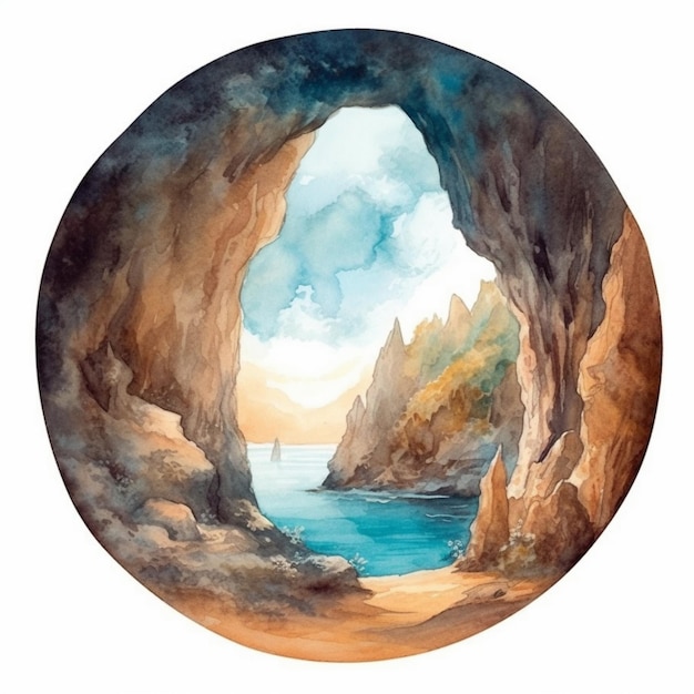 uma pintura de uma caverna marítima com o oceano ao fundo.