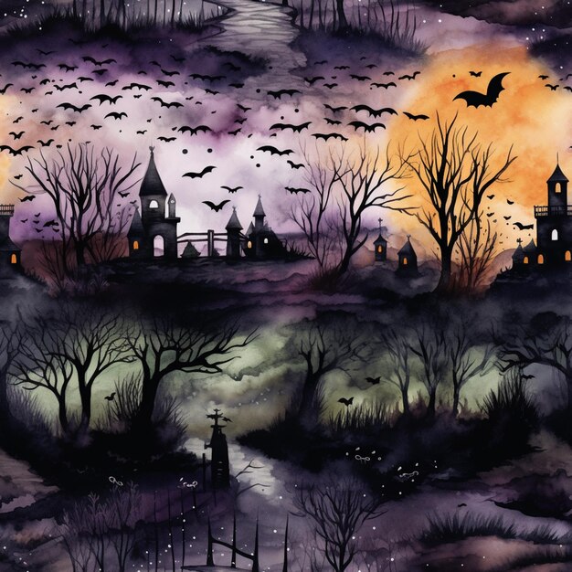 Foto uma pintura de uma cena assustadora de halloween com um castelo e morcegos generativo ai