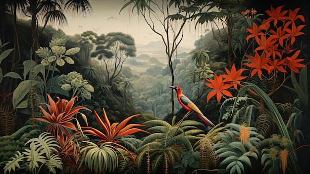 Foto uma pintura de uma cena da selva com muitas plantas