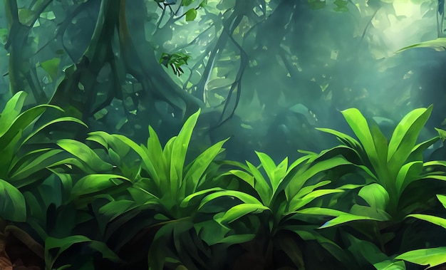 Uma pintura de uma cena da selva com uma planta verde e uma planta de folhas verdes