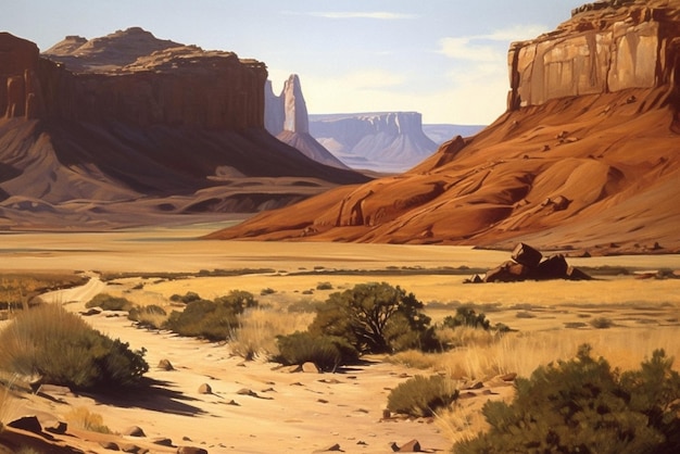 Uma pintura de uma cena de deserto com uma cena de deserto.