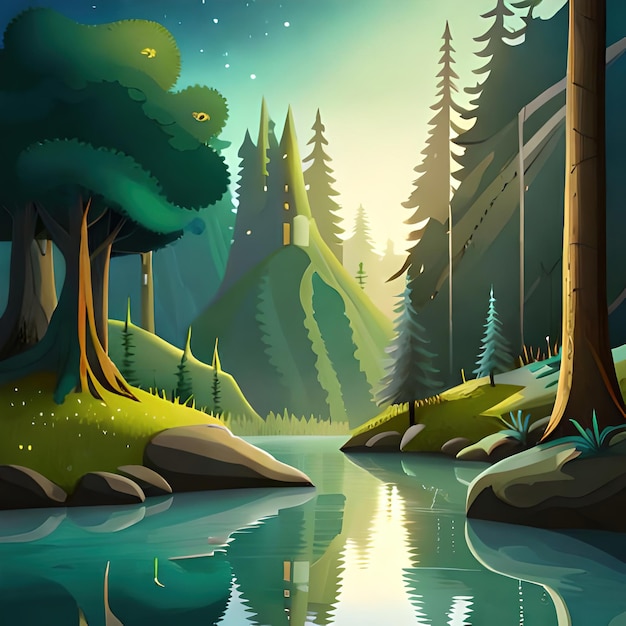 Uma pintura de uma cena de floresta com uma casa na água