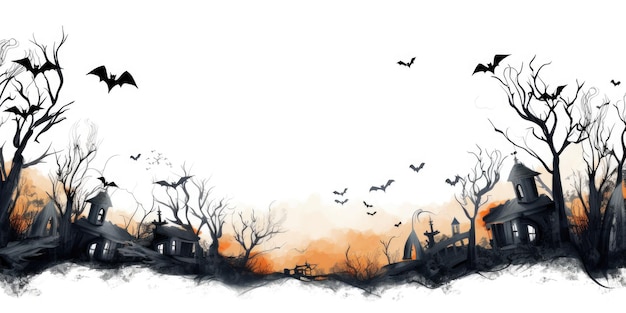 Uma pintura de uma cena de Halloween com morcegos voando no céu Moldura de imagem digital com espaço de cópia