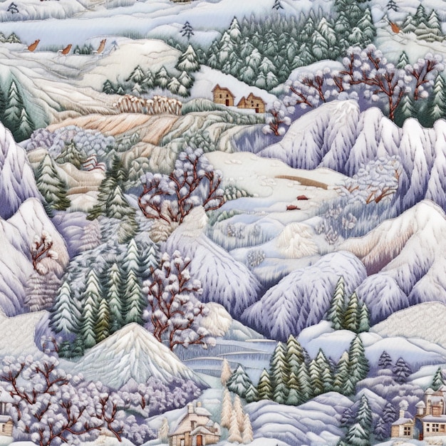 uma pintura de uma cena de montanha coberta de neve com um rio e casas