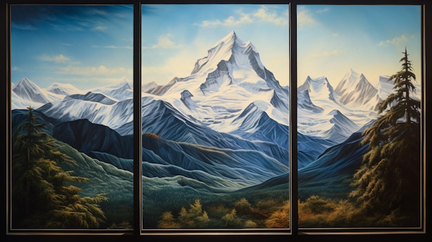 Foto uma pintura de uma cena de montanha é mostrada através da janela
