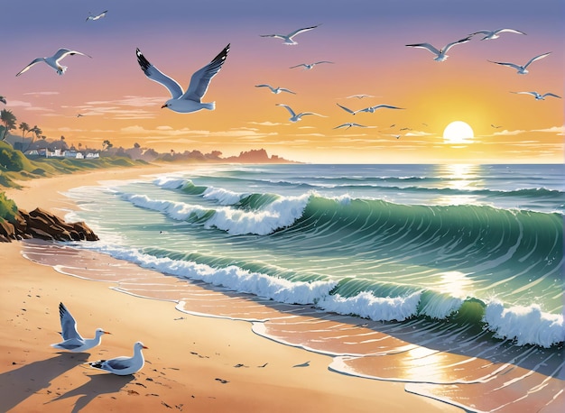 uma pintura de uma cena de praia com gaivotas voando sobre a água