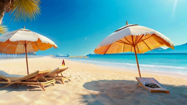 uma pintura de uma cena de praia com guarda-chuvas e cadeiras