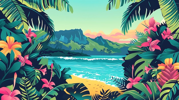 Foto uma pintura de uma cena de praia com palmeiras e montanhas ao fundo