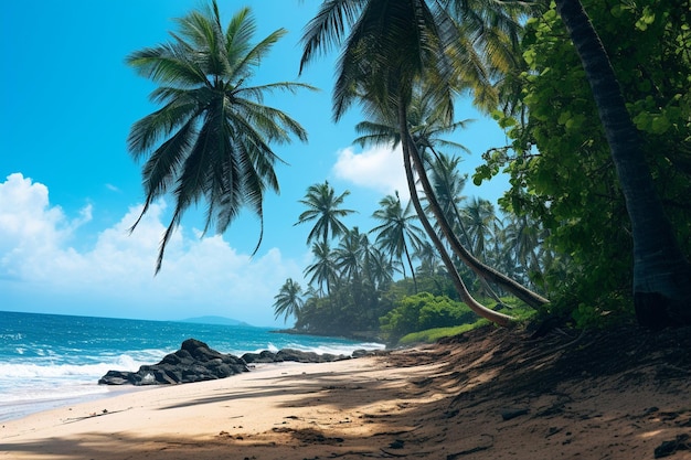 Uma pintura de uma cena de praia com palmeiras e o oceano ao fundo