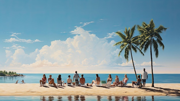 uma pintura de uma cena de praia com pessoas sentadas na praia.