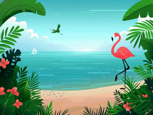 uma pintura de uma cena de praia com um flamingo rosa na água