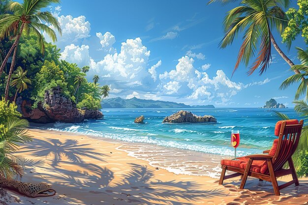 uma pintura de uma cena de praia com uma bandeira vermelha e uma praia com palmeiras no fundo