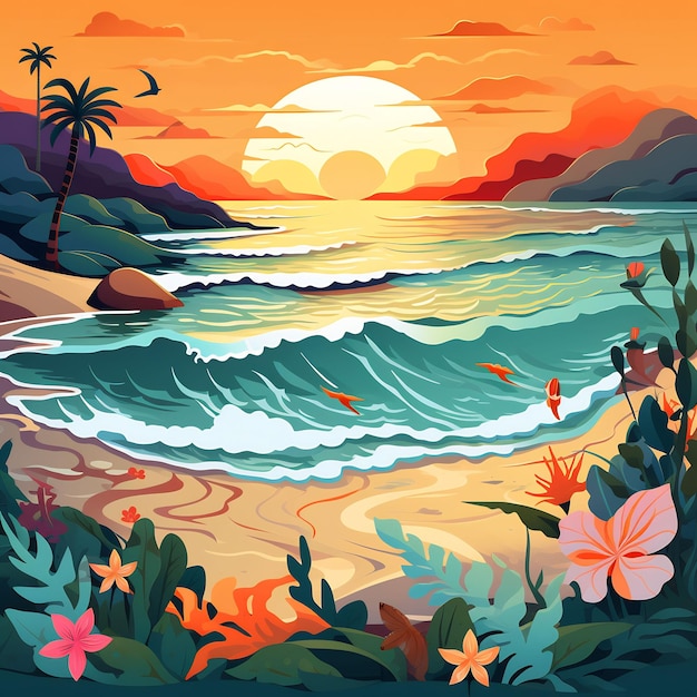 uma pintura de uma cena de praia com uma escena de praia e o sol a pôr-se atrás do oceano