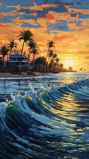 Uma pintura de uma cena de praia com uma onda quebrando contra ela.