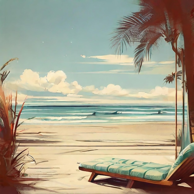 uma pintura de uma cena de praia com uma palmeira e uma cadeira de praia